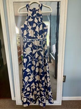 Maggy London Navy and Cream Floral High Neck Maxi Dress Sz 10